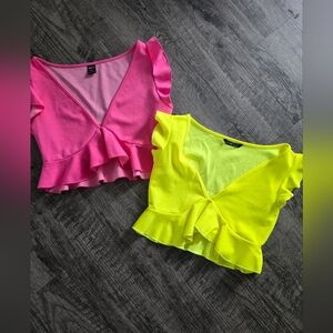 SHEIN Neon Pink And Yellow Crop Top with Ruffle Set Of 2